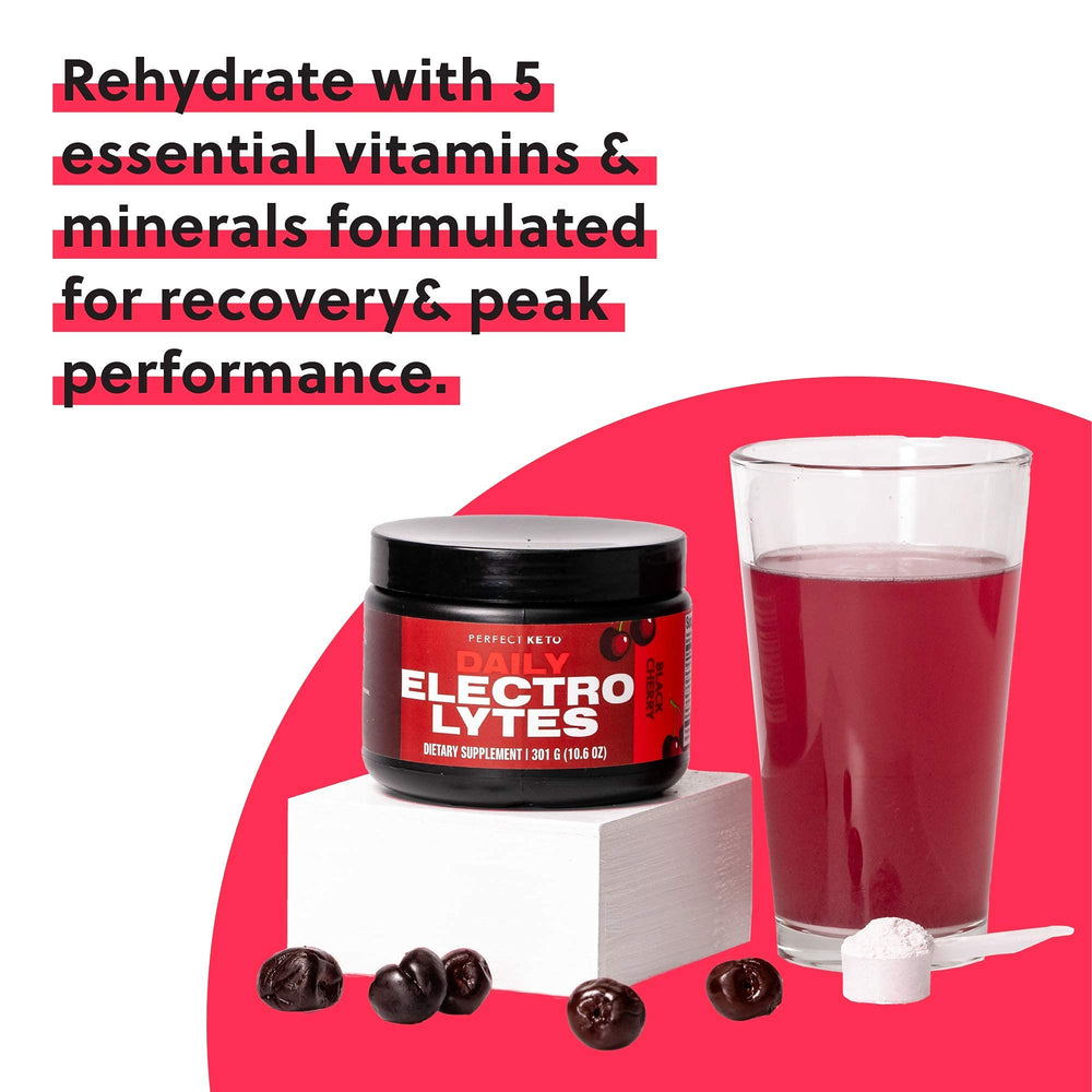 Glass with Perfect Keto Electrolytes Black Cherry after workouts for refreshing recovery