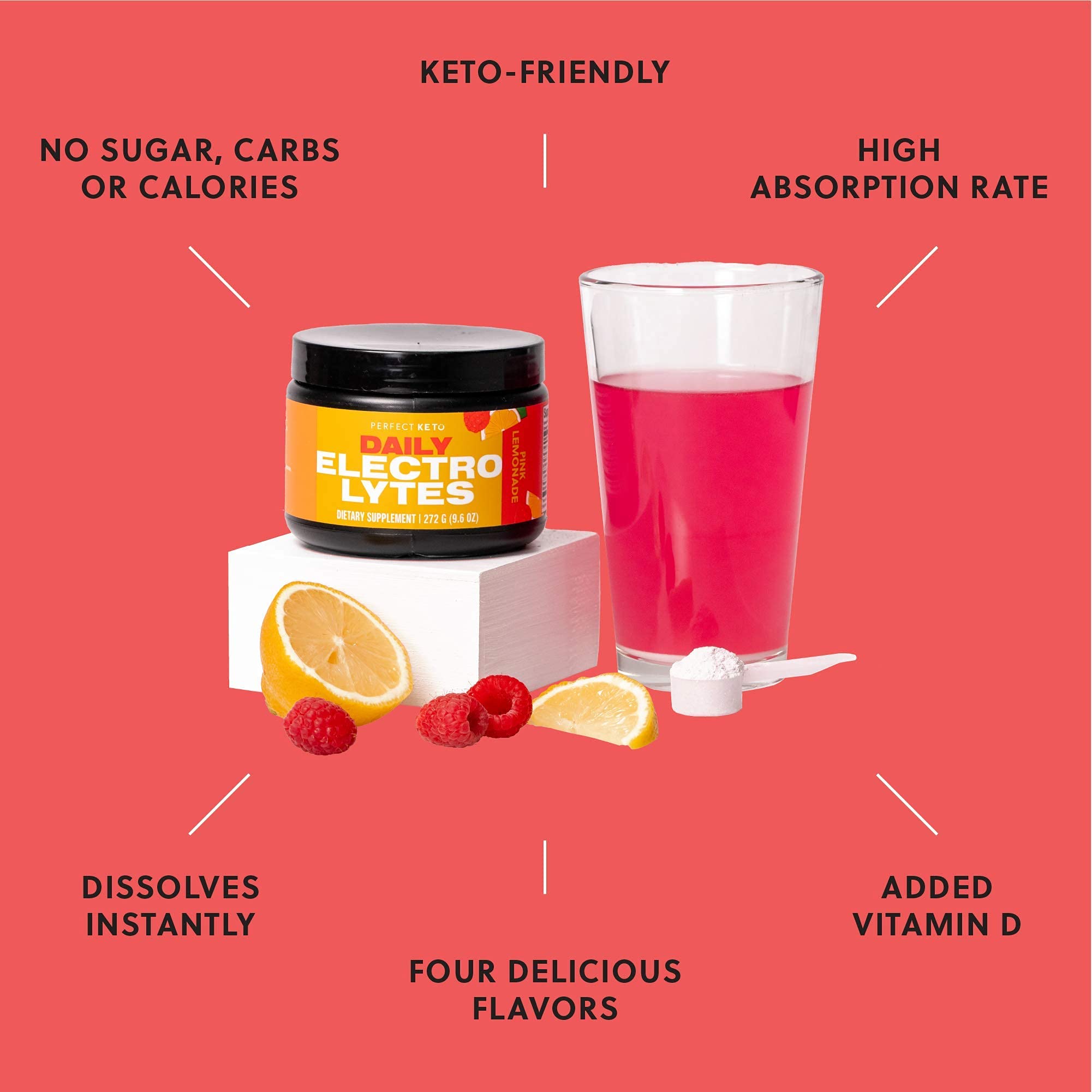 Packaging label of Perfect Keto Electrolytes in pink lemonade variant