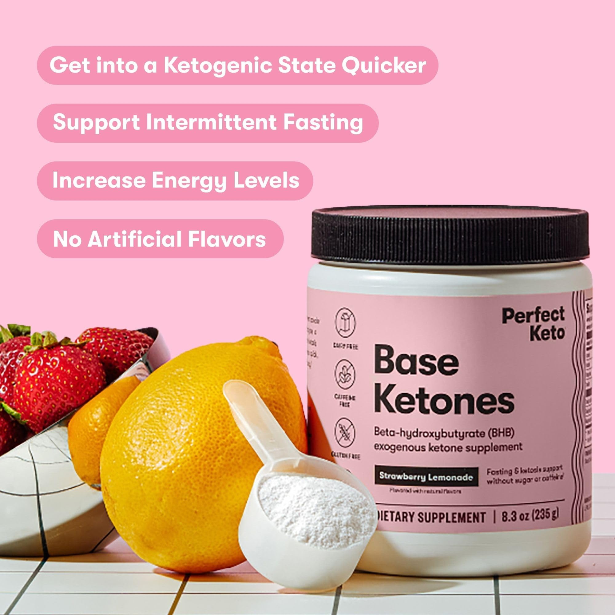 Scoop of Perfect Keto goBHB Strawberry Lemonade showing no sugar or fillers.