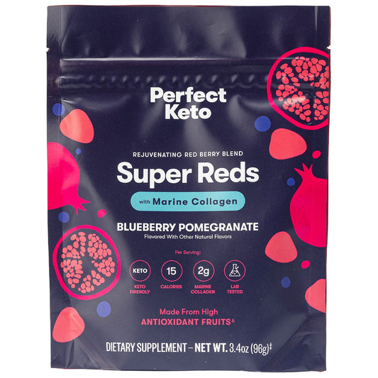 Perfect Keto Super Reds bottle pouring powder for quick daily energy