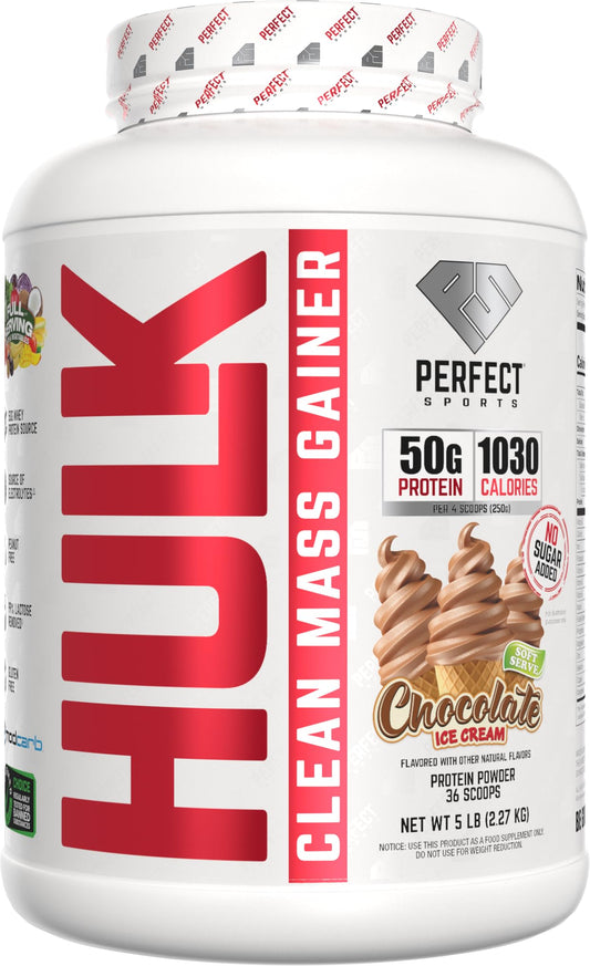 Perfect Sports Clean Mass Gainer powder in chocolate ice cream flavor supports protein intake and recovery.