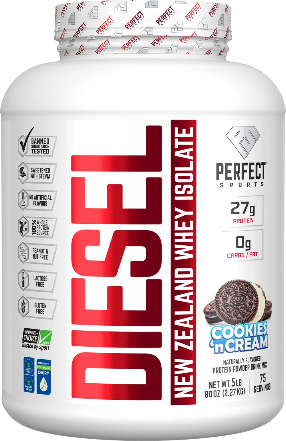 PERFECT SPORTS Diesel bottle pour featuring NZ whey for clean post-workout fueling.