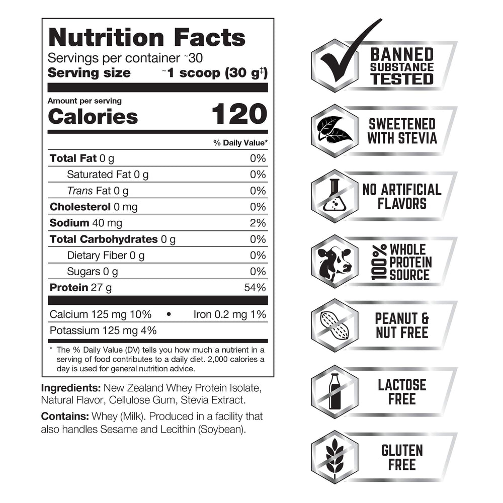 PERFECT SPORTS Diesel ingredients panel highlighting stevia-sweetened, no artificial additives.