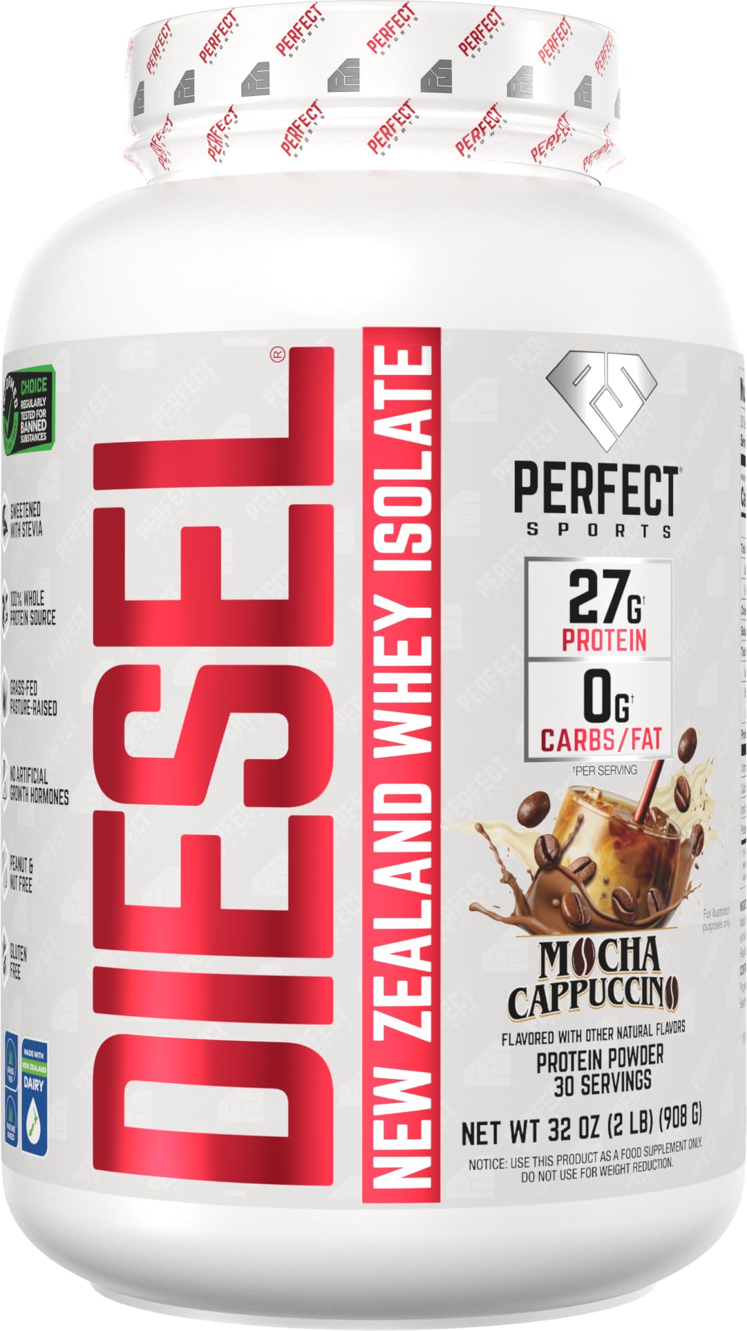 PERFECT SPORTS Diesel NZ whey bottle in Mocha Latte Cappuccino flavor for post-workout recovery.