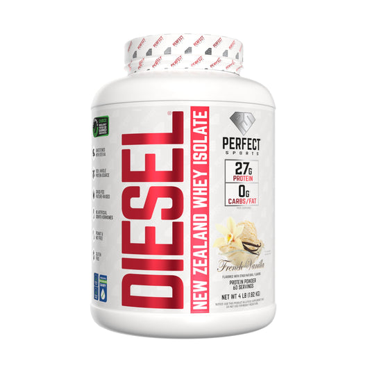 Perfect Sports Diesel NZ whey isolate bottle with stevia-sweetened formula for clean protein.