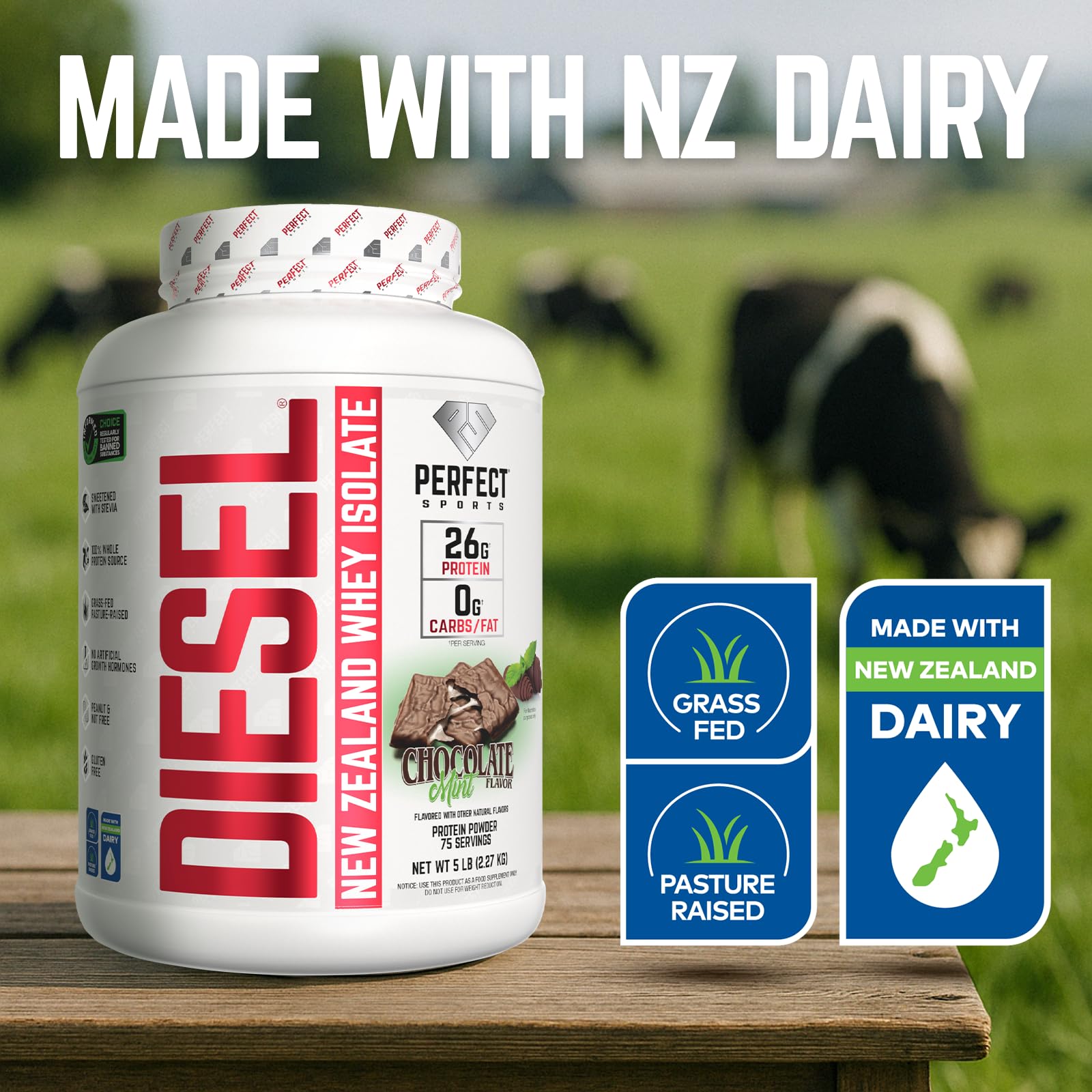 Chocolate mint flavor Diesel NZ Whey Protein Isolate tub highlighted for flavor.