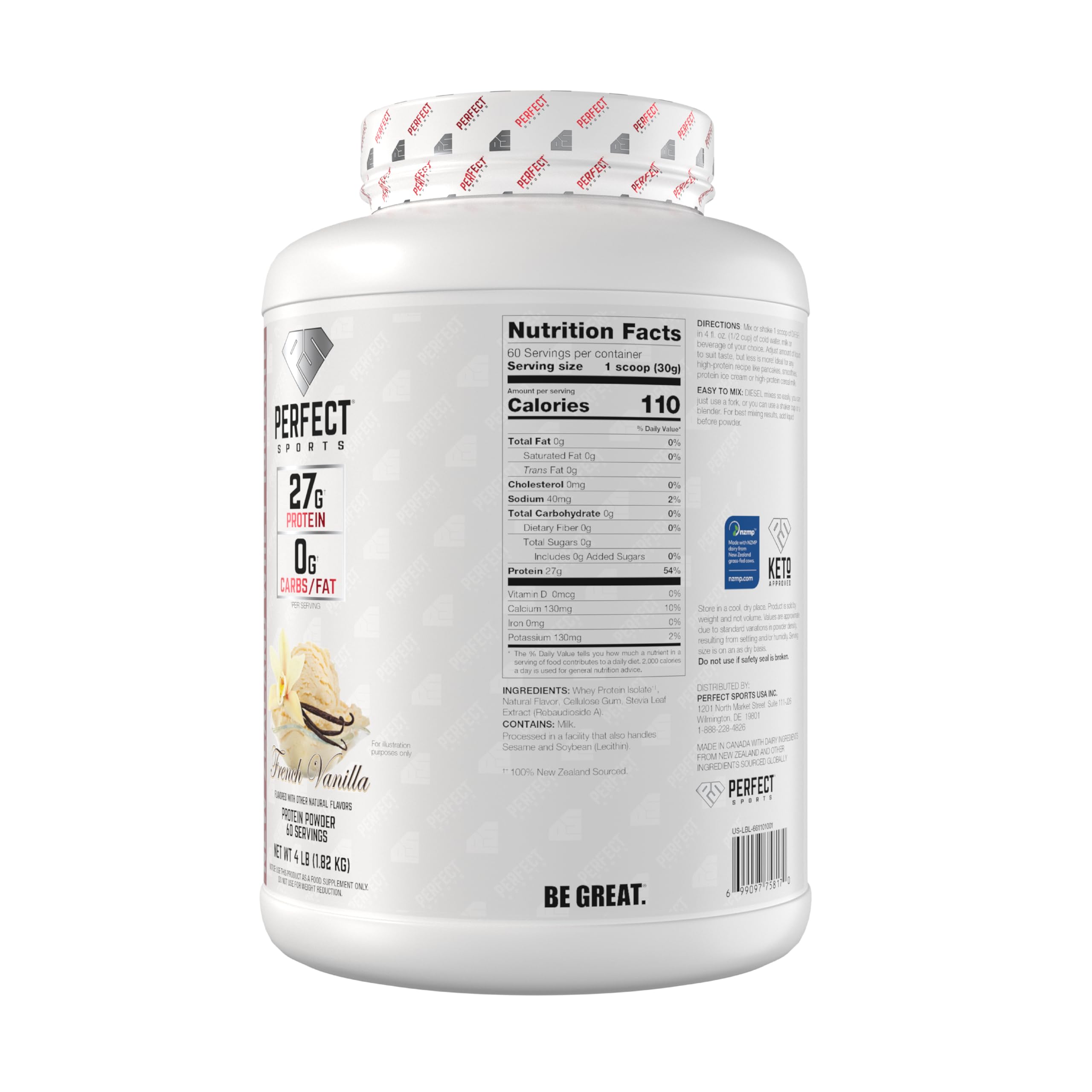 Perfect Sports Diesel NZ whey isolate label highlighting 0g carbs and 26g protein.