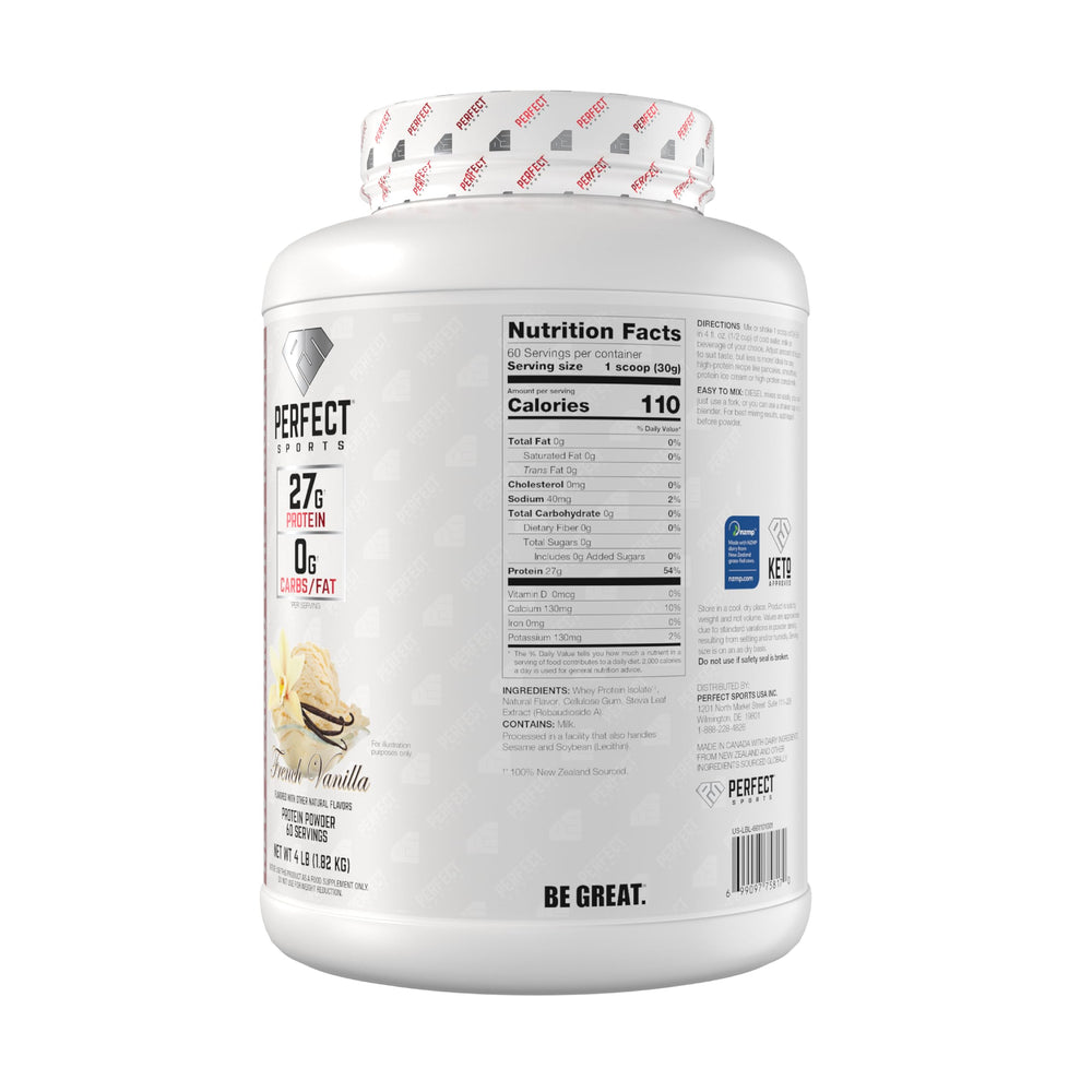 Perfect Sports Diesel NZ whey isolate label highlighting 0g carbs and 26g protein.