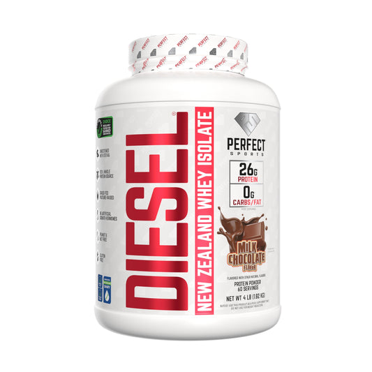 Perfect Sports Diesel milk chocolate bottle showing NZ whey isolate, easy to mix, high protein shake.