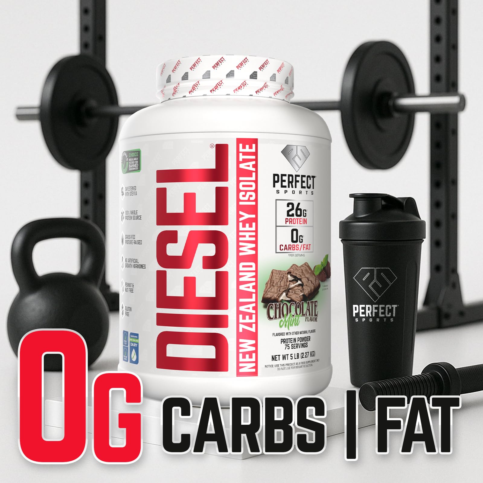 Packaging close-up of Diesel NZ Whey Protein Isolate highlighting stevia and clean ingredients.