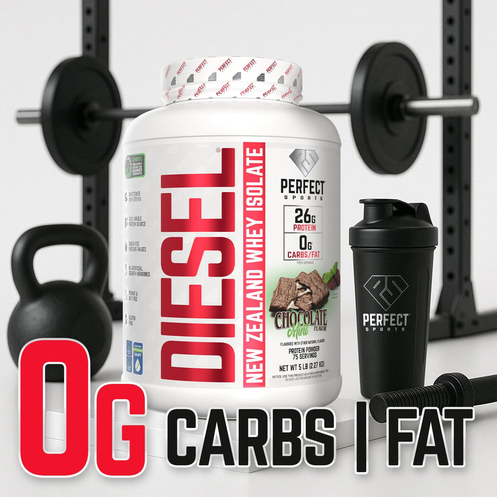 Packaging close-up of Diesel NZ Whey Protein Isolate highlighting stevia and clean ingredients.