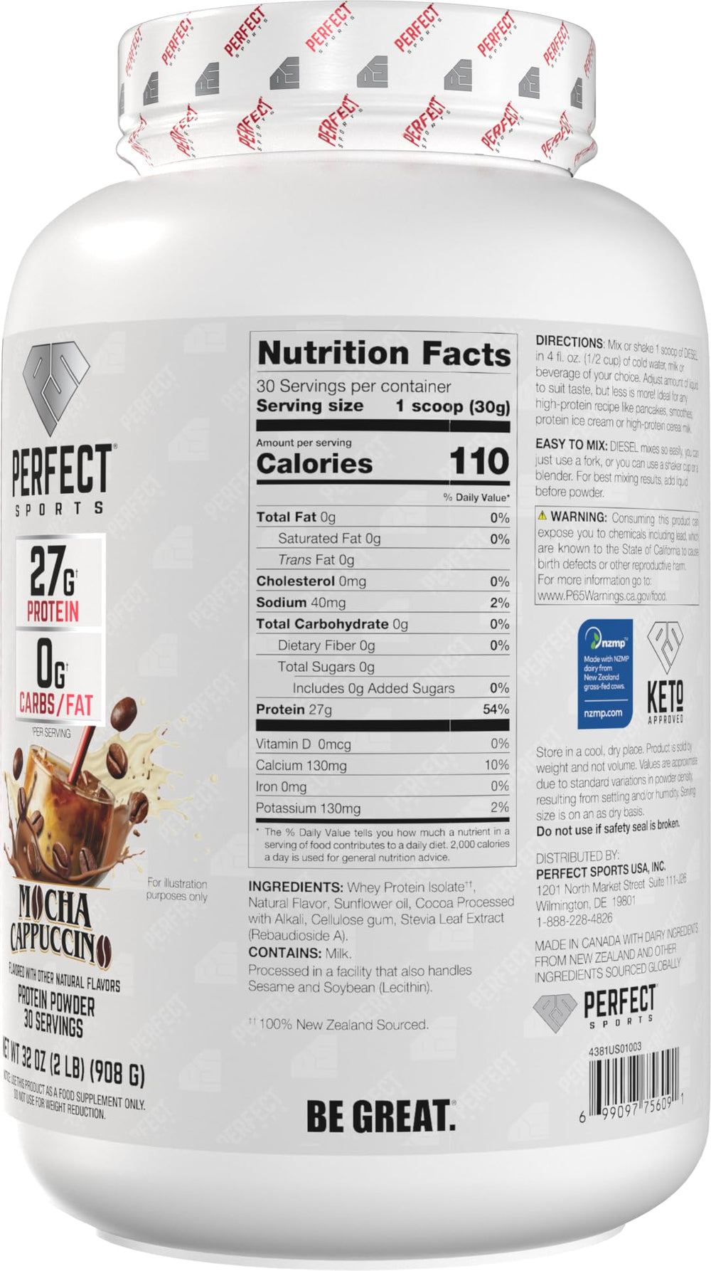 PERFECT SPORTS Diesel 2 lb packaging highlighting premium New Zealand dairy protein.