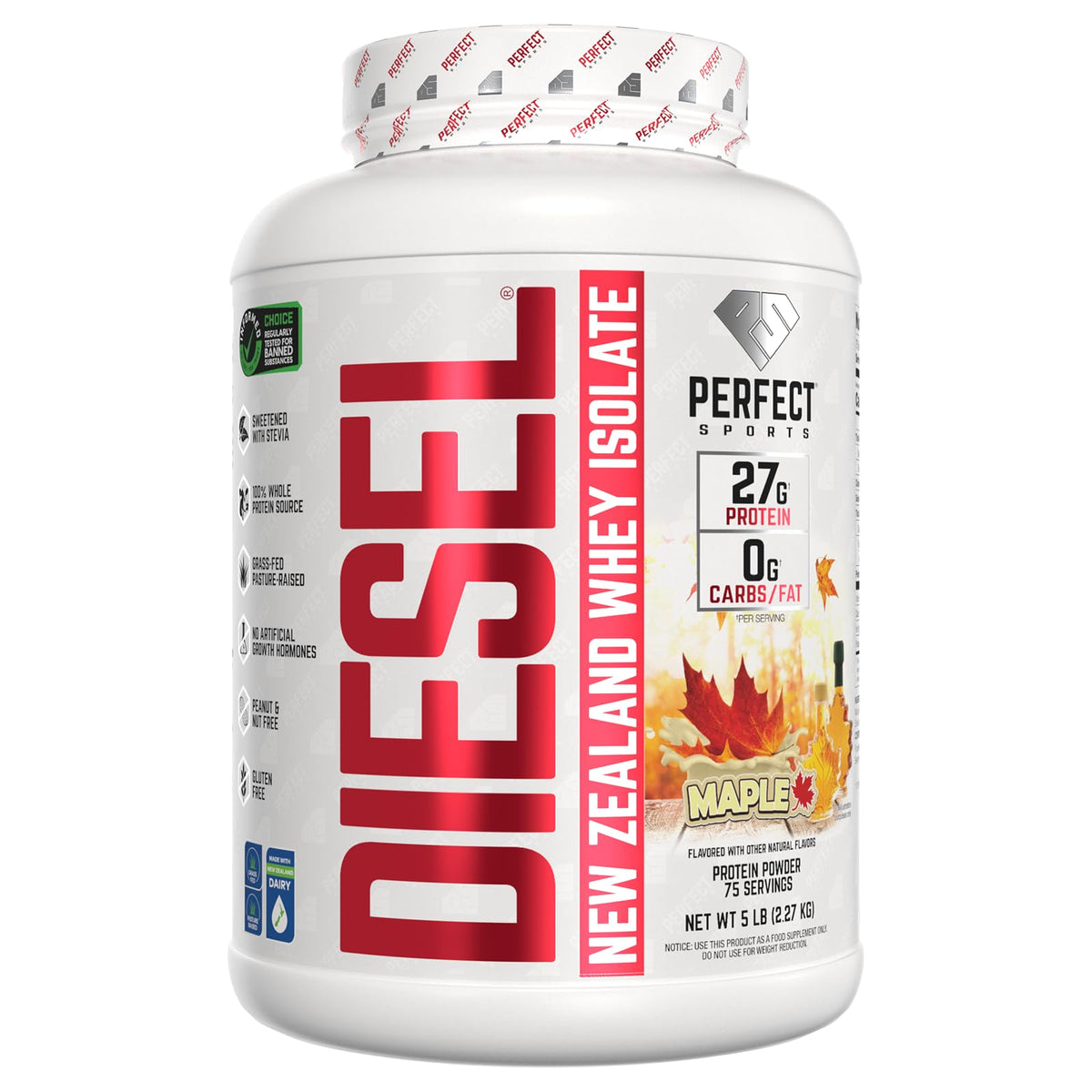 Perfect Sports Diesel NZ Whey Isolate tub front view with 27g protein per serving for muscle support