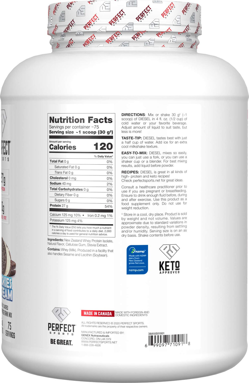 PERFECT Sports Diesel NZ Whey Isolate pouring shake highlights fast-absorbing protein use