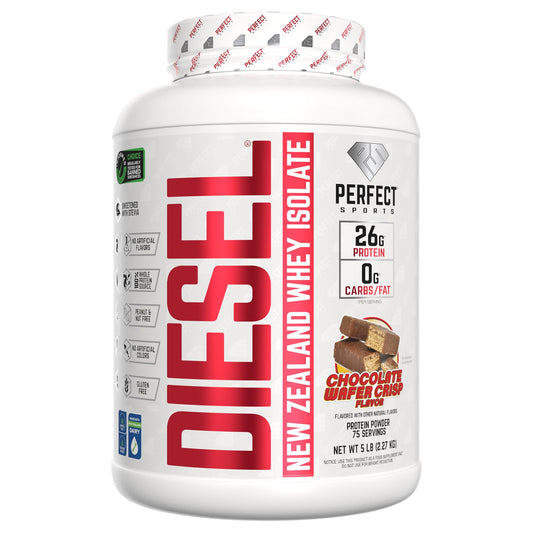 PERFECT SPORTS Diesel NZ Whey Protein Isolate bottle showing premium New Zealand dairy for post-workout recovery
