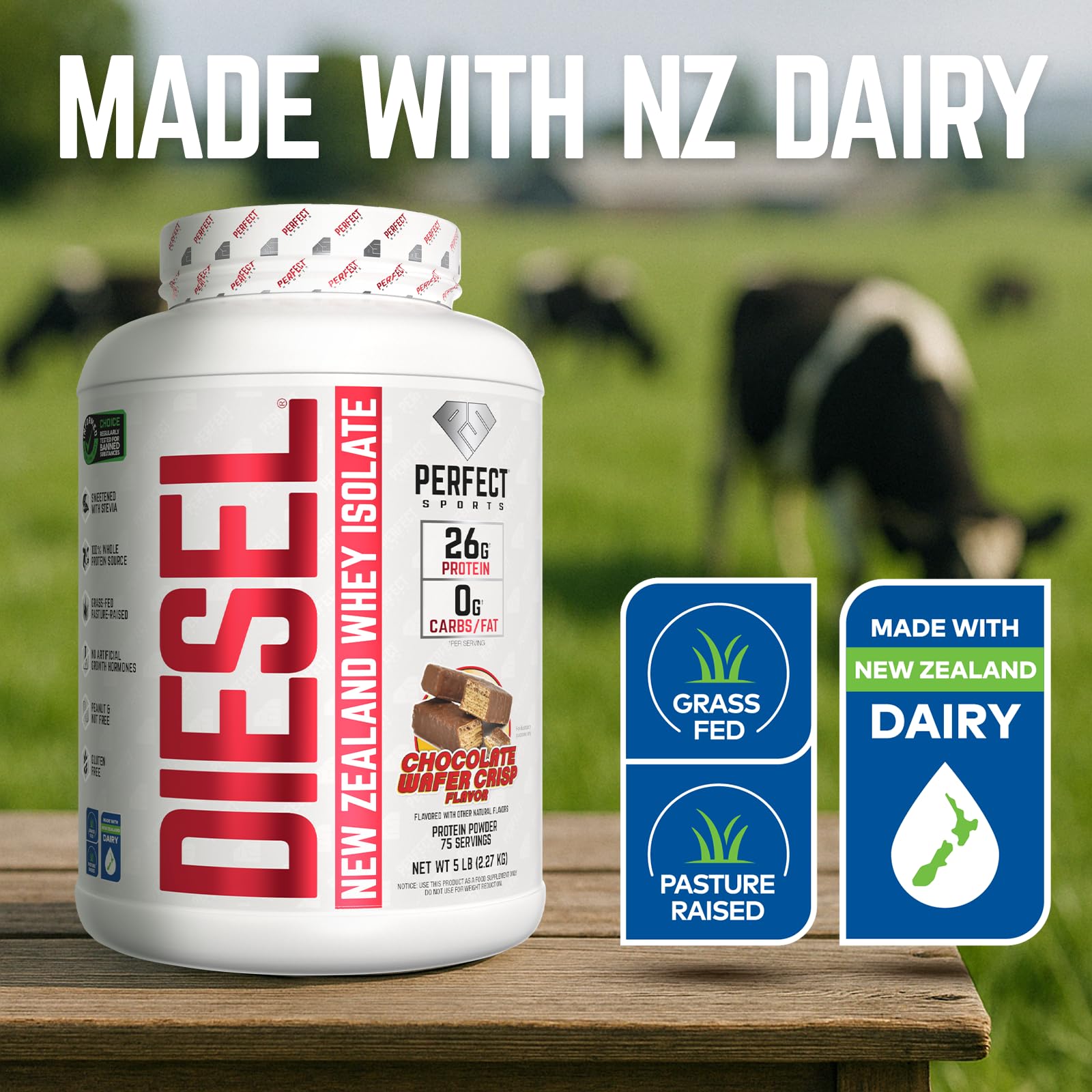 PERFECT SPORTS Diesel NZ Whey Protein Isolate label highlighting grass-fed dairy and clean ingredients