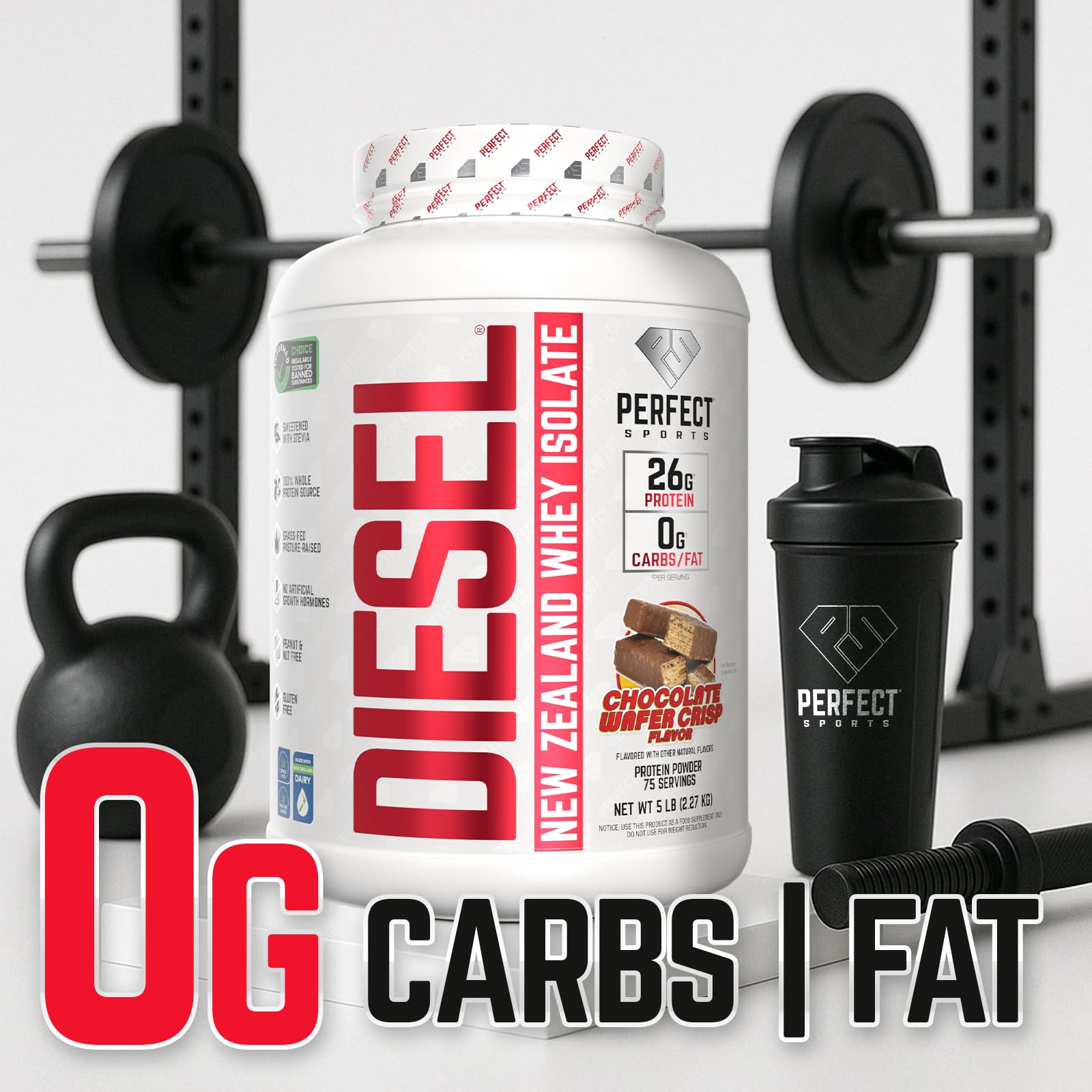 PERFECT SPORTS Diesel NZ Whey Protein Isolate nutrition facts emphasizing keto-friendly zero carb and zero fat