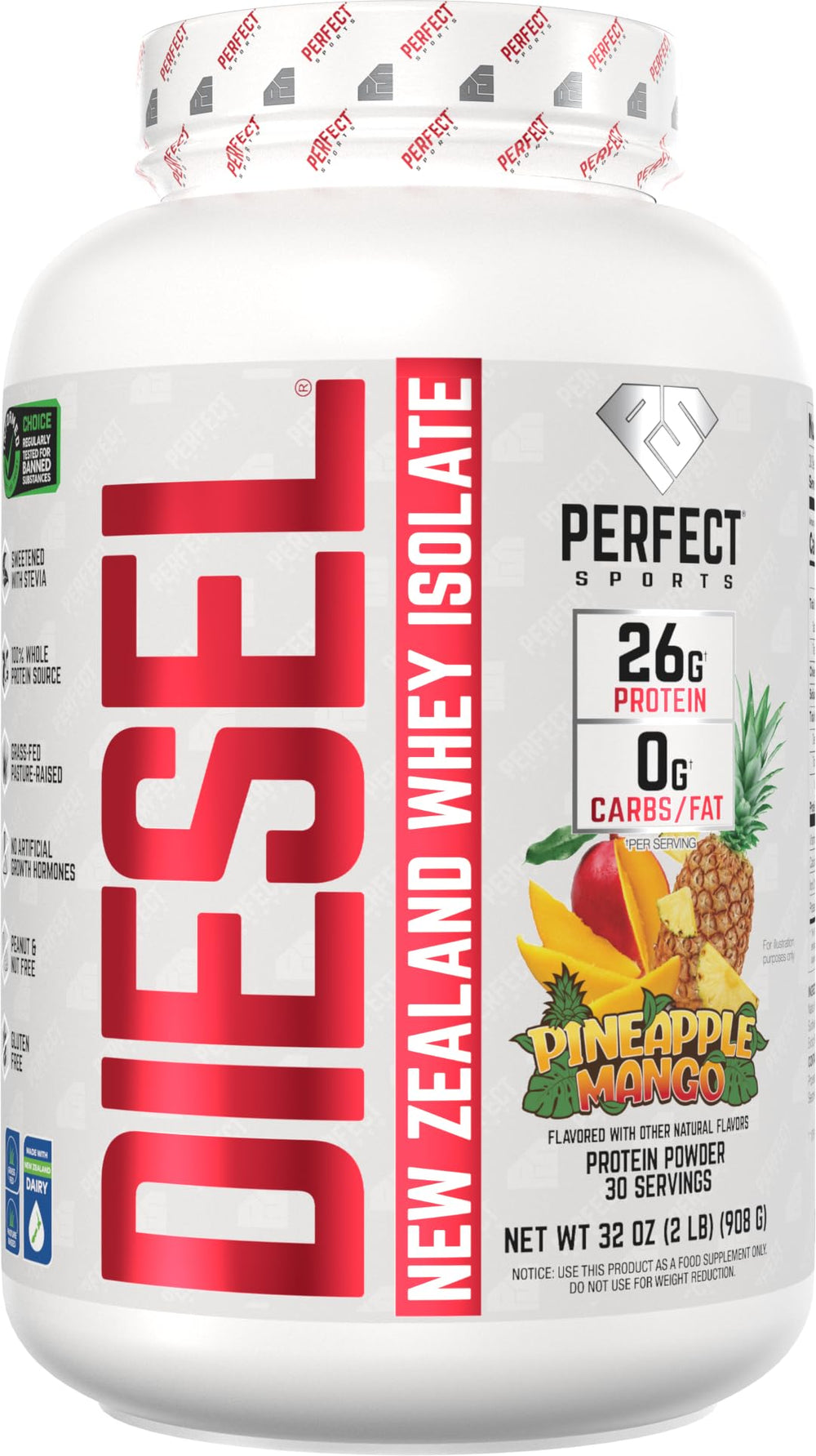 PERFECT SPORTS Diesel Pineapple Mango whey protein isolate bottle for post-workout recovery.