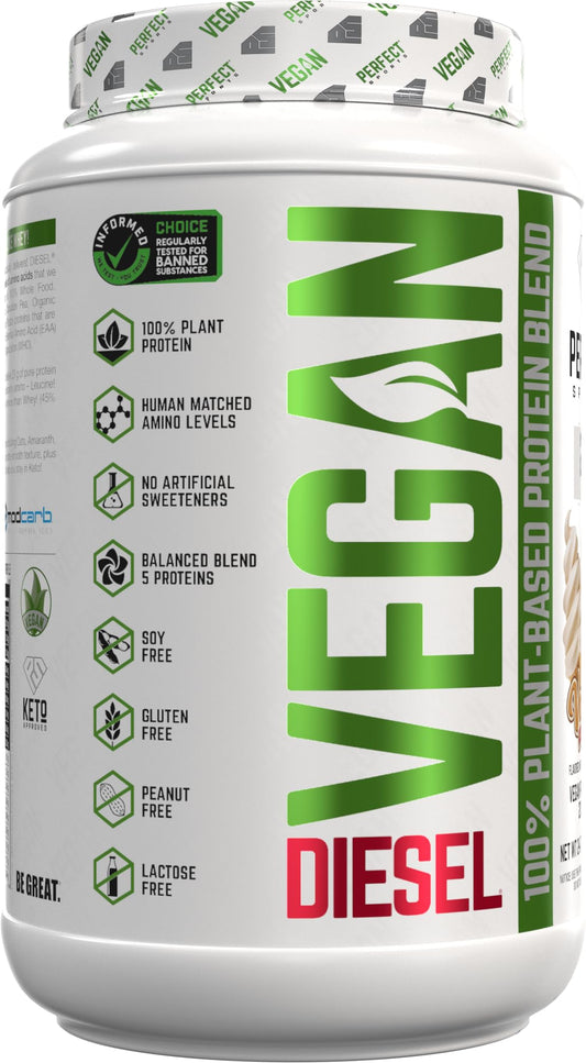 Perfect Sports Diesel Vegan bottle label shows 5-protein blend.