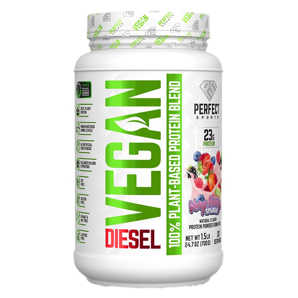 Perfect Sports Diesel Vegan bottle pour showing the Very Berry Splash flavor for post-workout recovery.