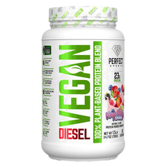 Perfect Sports Diesel Vegan bottle pour showing the Very Berry Splash flavor for post-workout recovery.