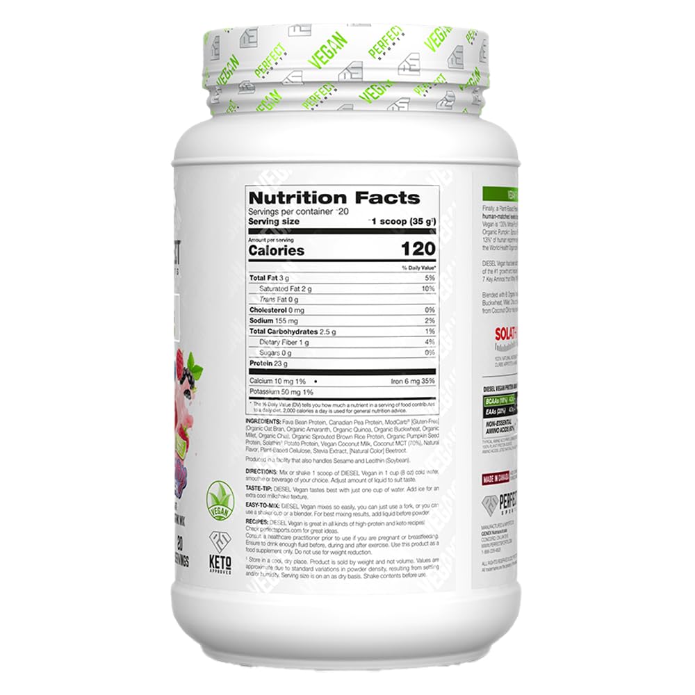 Perfect Sports Diesel Vegan protein powder scoop in Very Berry Splash for quick muscle support.