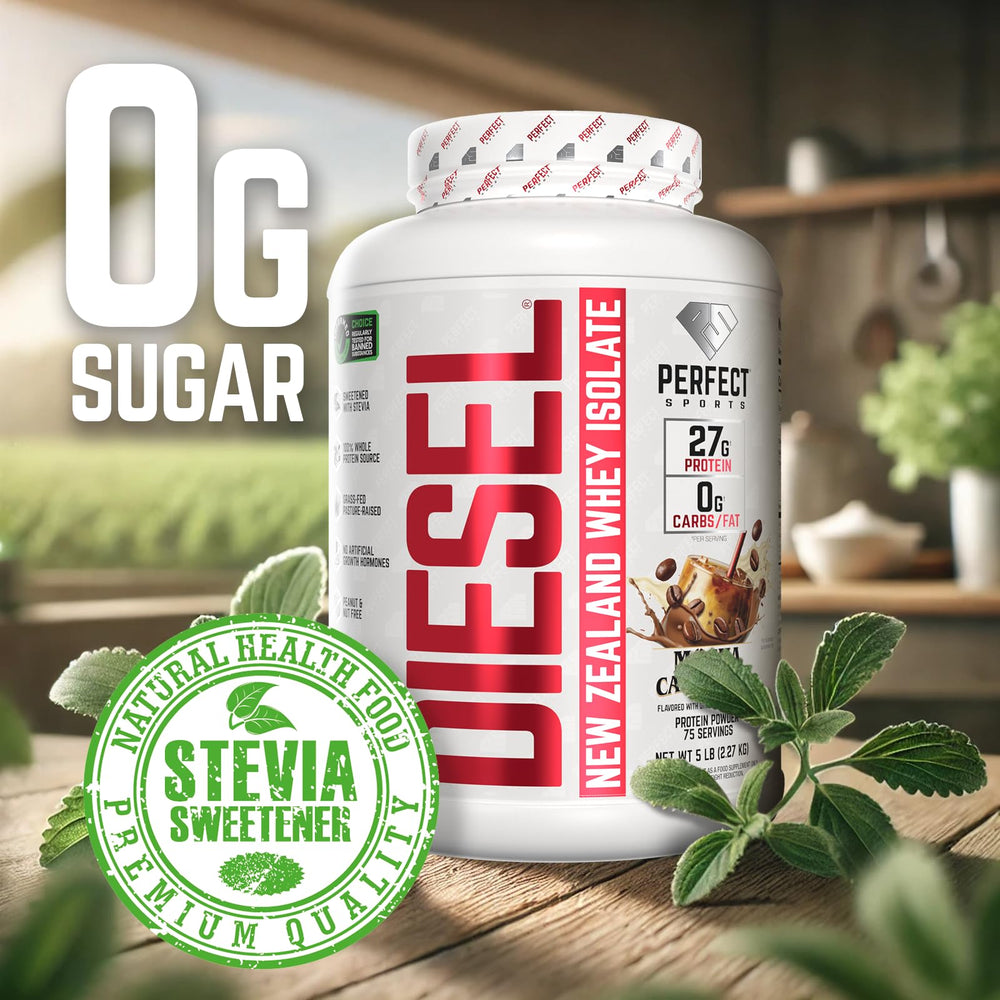 Diesel Whey Isolate shown with a shaker, highlighting easy mixability.