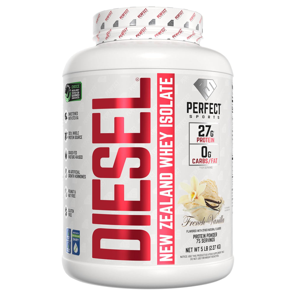 PERFECT SPORTS Diesel Whey Isolate bottle front for post workout recovery.