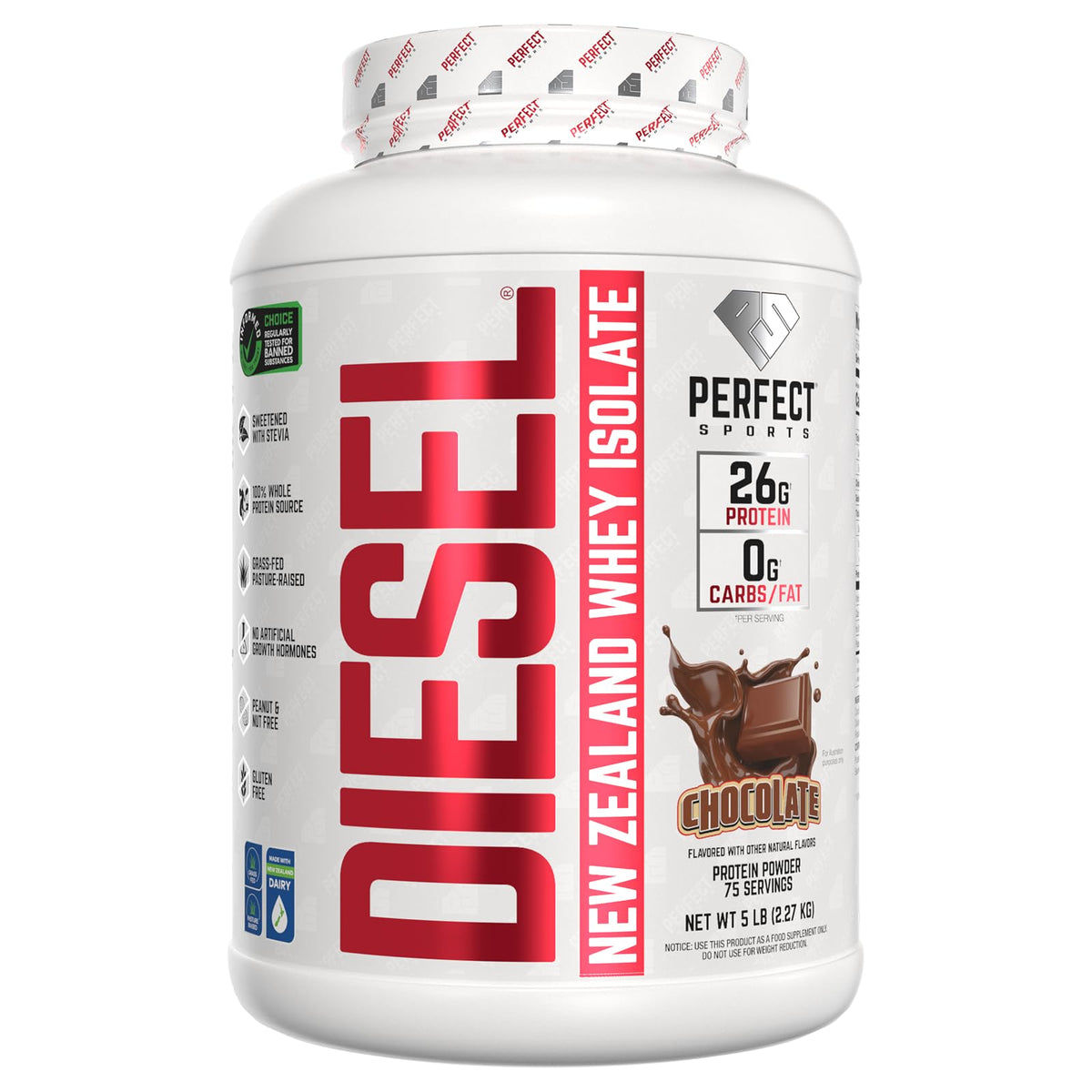 PERFECT SPORTS DIESEL whey isolate milk chocolate bottle shows premium NZ protein for post-workout recovery.