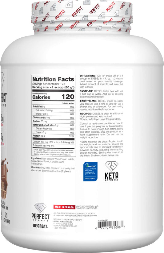Perfect Sports Diesel whey isolate milk chocolate bottle pour for a smooth, easily mixed shake.