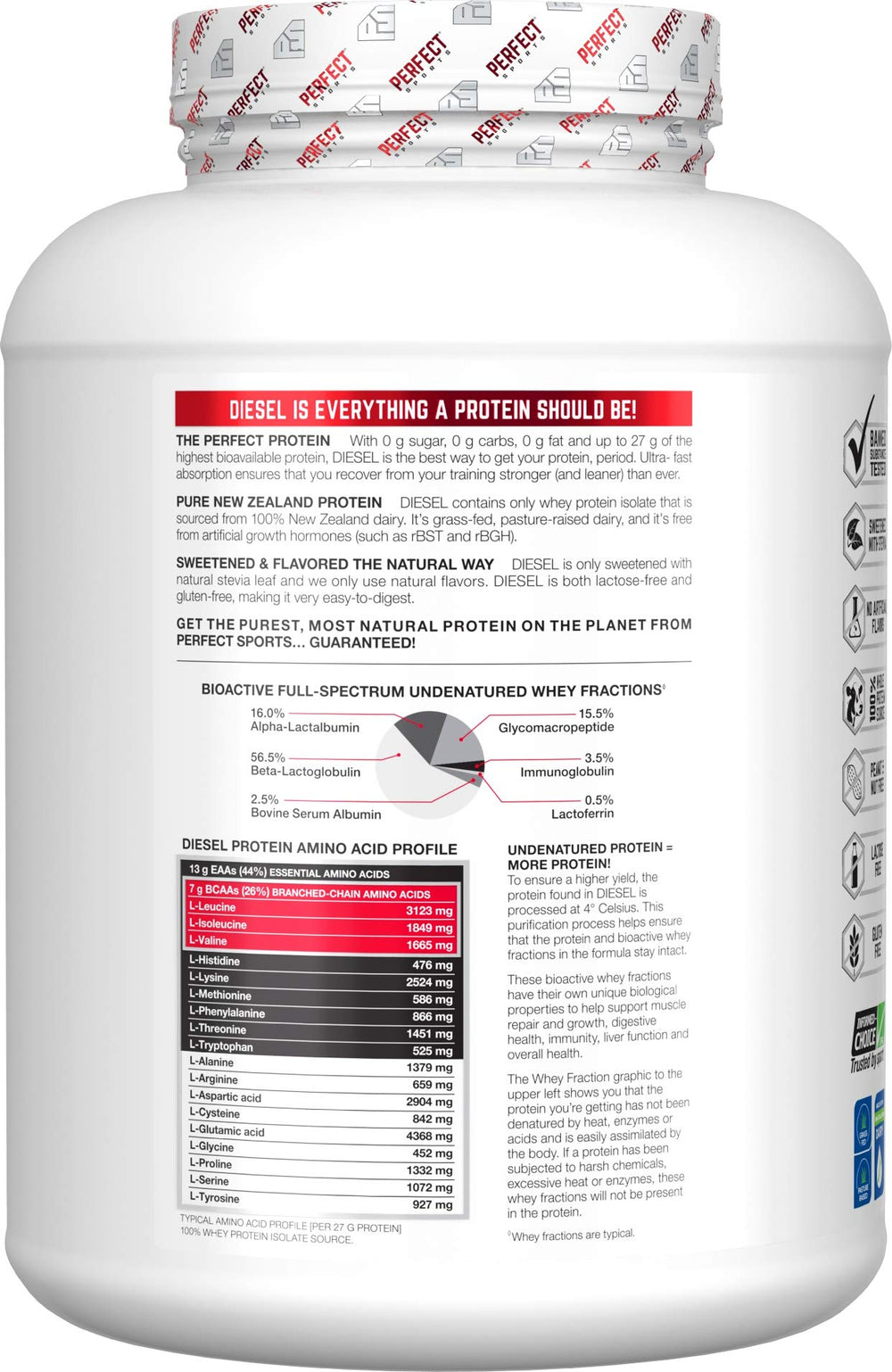 Perfect Sports Diesel whey isolate milk chocolate scoop highlighting convenient serving for workouts.