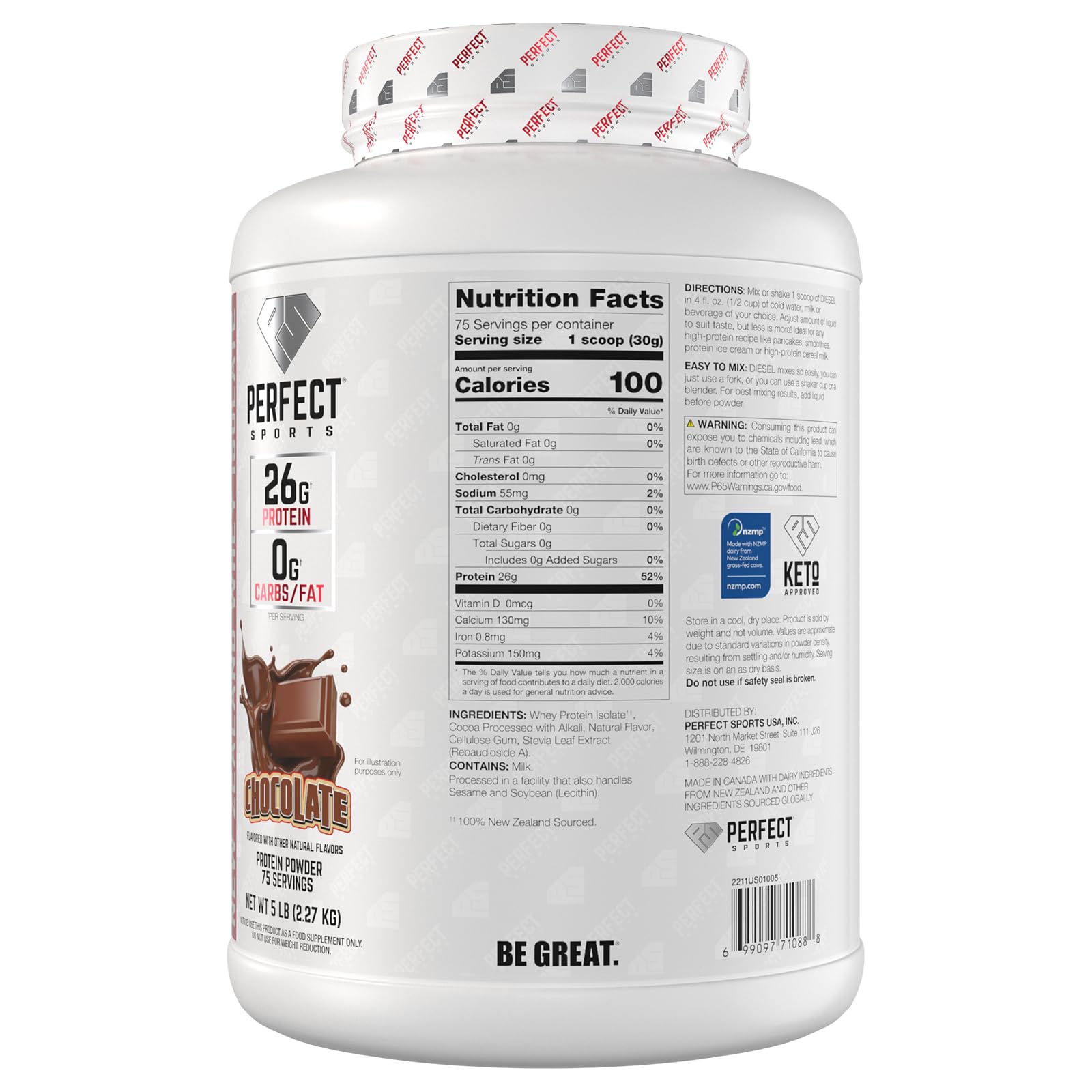 PERFECT SPORTS DIESEL whey isolate milk-chocolate serving showcases keto-friendly, zero carb option.