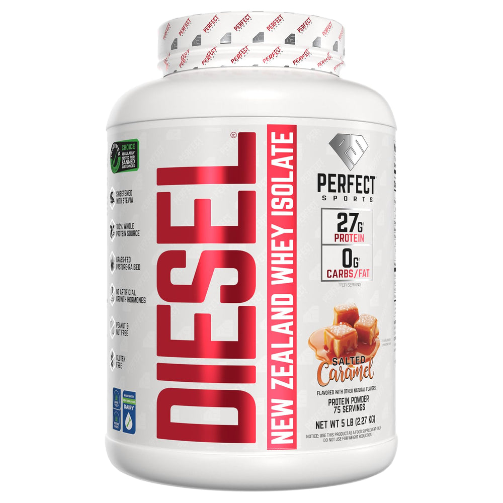 Perfect Sports Diesel Salted Caramel tub showcases premium NZ whey for high-protein fueling.