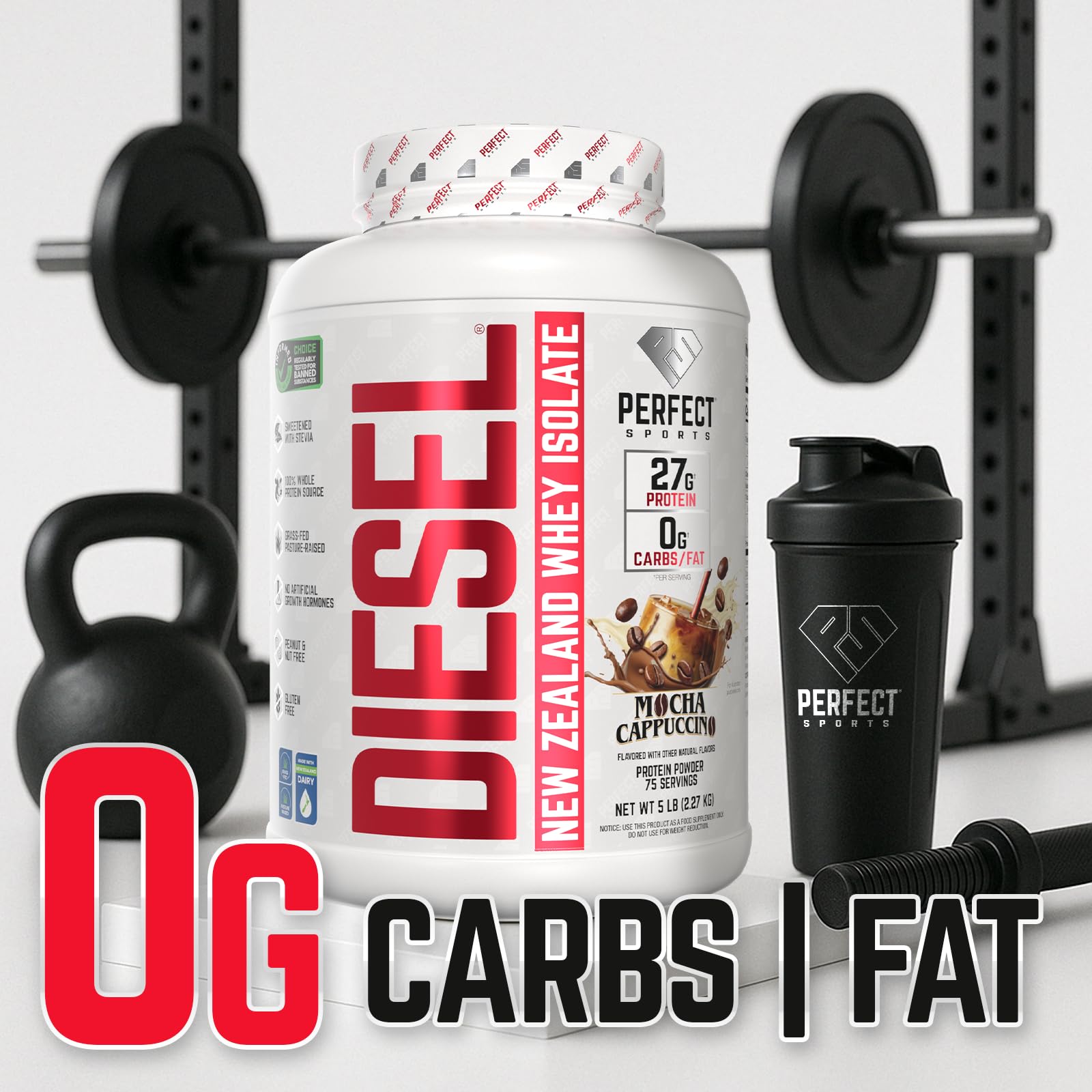 NZ grass-fed dairy sourced Diesel whey isolate packaging detail.