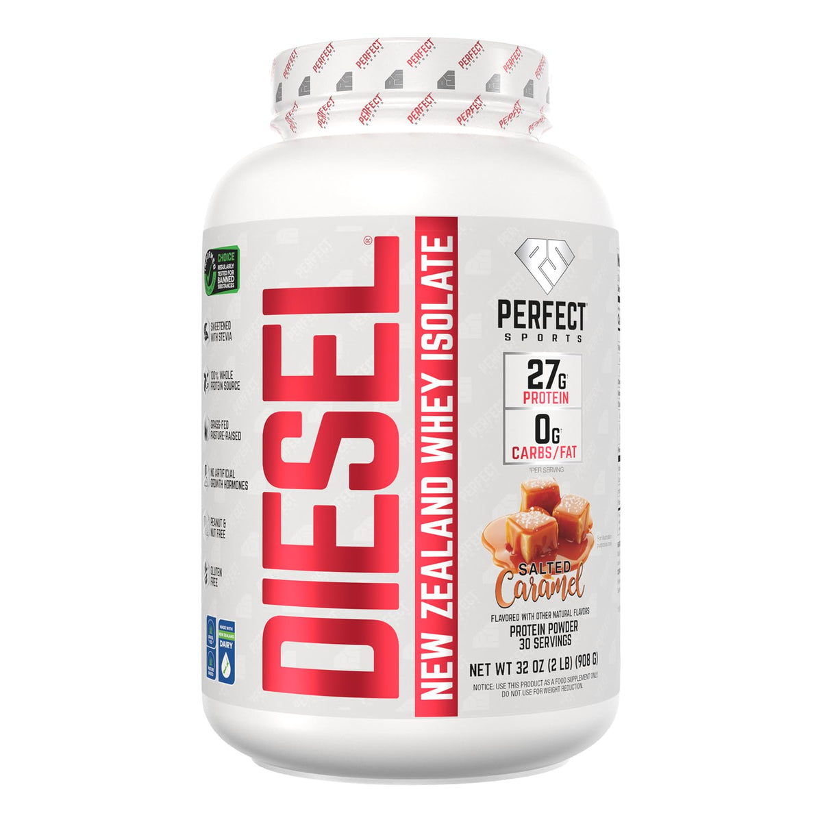 Perfect Sports Diesel bottle highlights 27g protein per serving for post-workout recovery.