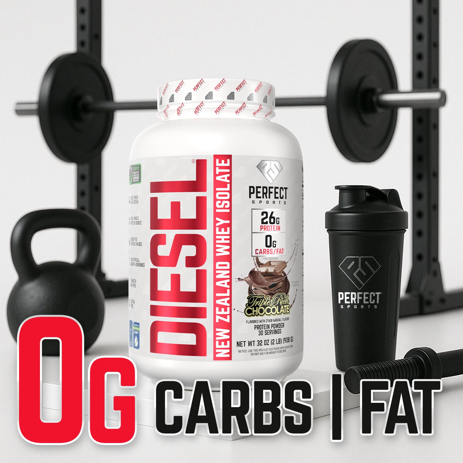 Perfect Sports Diesel whey protein ingredients panel highlights grass-fed dairy sources.