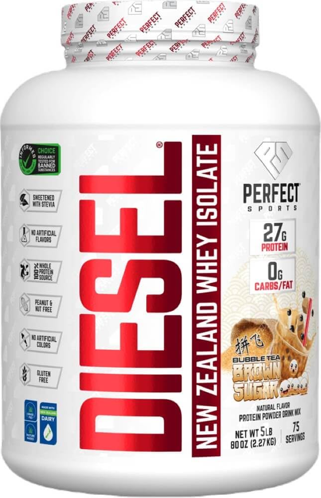 PERFECT SPORTS Diesel 5lb whey protein isolate bottle in brown sugar bubble tea flavor supports post-workout recovery