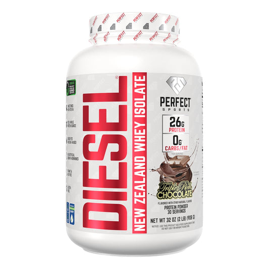 Perfect Sports Diesel whey protein isolate bag shows premium New Zealand dairy for high-quality protein.