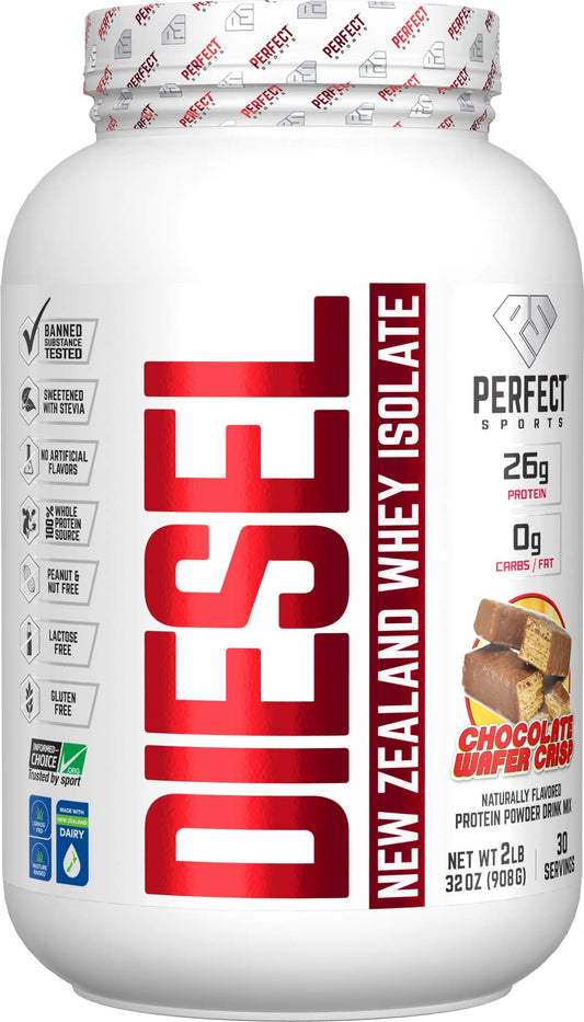 Perfect Sports Diesel whey protein isolate bottle in Chocolate Wafer Crisp flavor for post-workout recovery