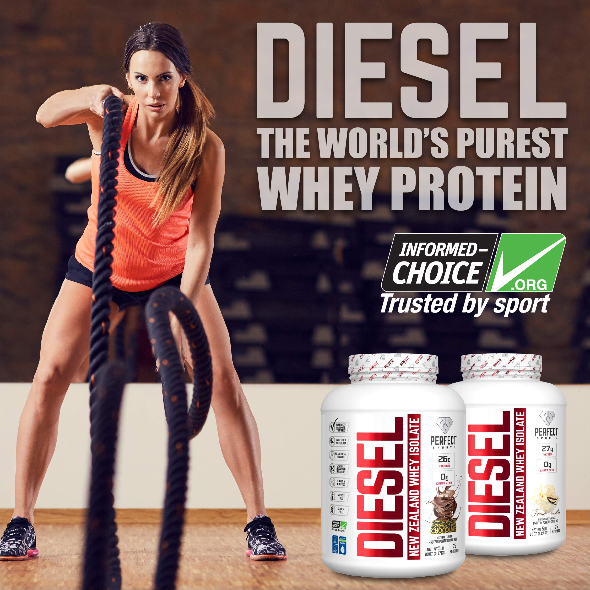 Serving scoop of Perfect Sports Diesel whey protein isolate with premium New Zealand dairy