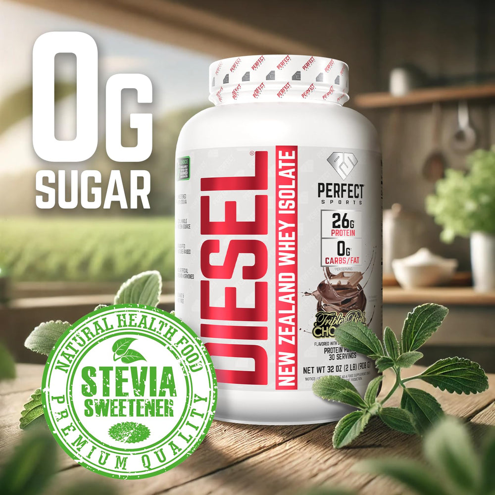 Perfect Sports Diesel whey protein label close-up shows natural stevia and no artificial ingredients.