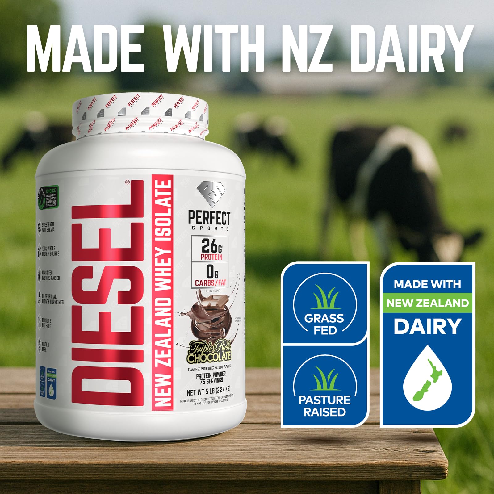 Diesel whey isolate scoop in hand; convenient serving for protein goals.