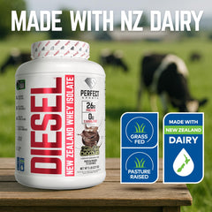Diesel whey isolate scoop in hand; convenient serving for protein goals.