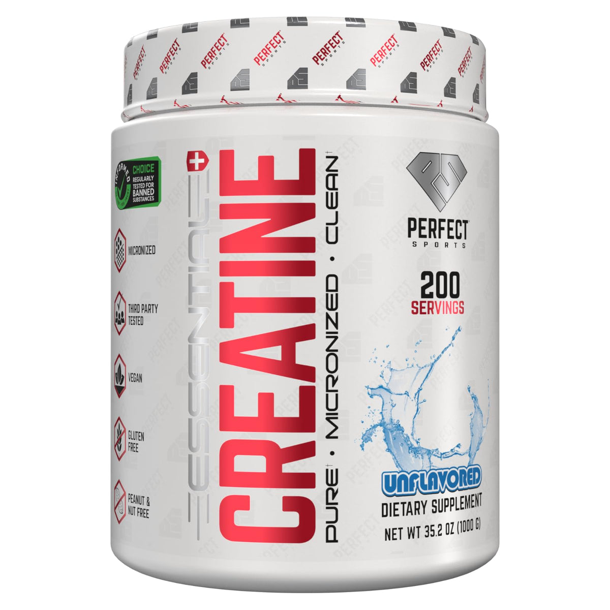 PERFECT SPORTS Essential Creatine bottle shown with clean, minimalist labeling for easy daily use.
