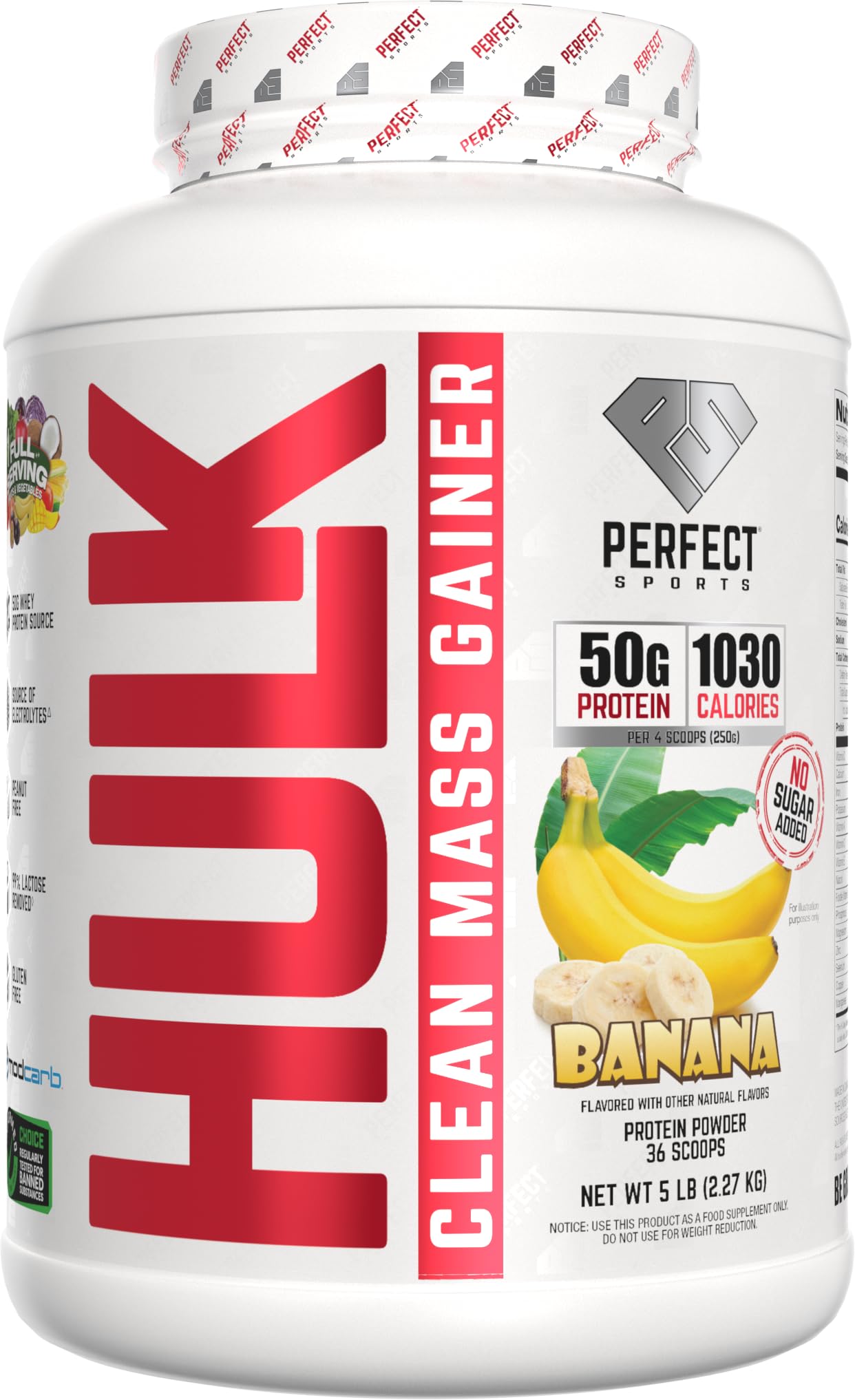Perfect Sports Hulk Clean Mass Gainer banana powder supports muscle recovery with real-fruit nutrition.