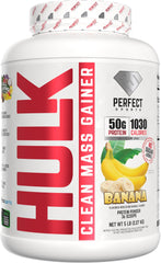 Perfect Sports Hulk Clean Mass Gainer banana powder supports muscle recovery with real-fruit nutrition.