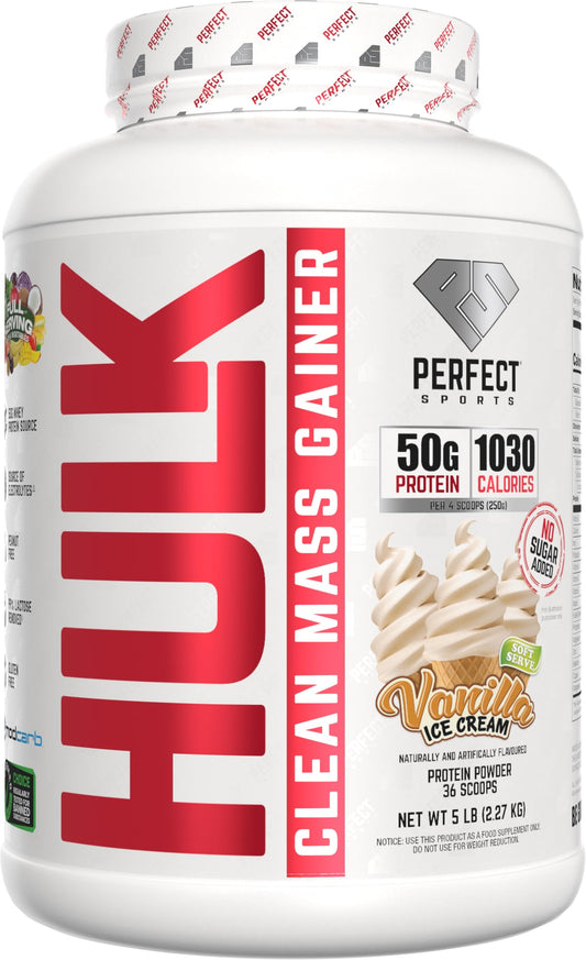 PERFECT SPORTS Hulk Clean Mass Gainer vanilla ice cream jar for post-workout fueling and muscle support.
