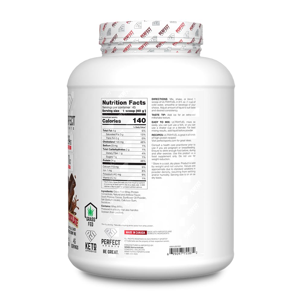 PERFECT SPORTS Ultra Fuel nutrition panel emphasizes 24 g protein and low sugar