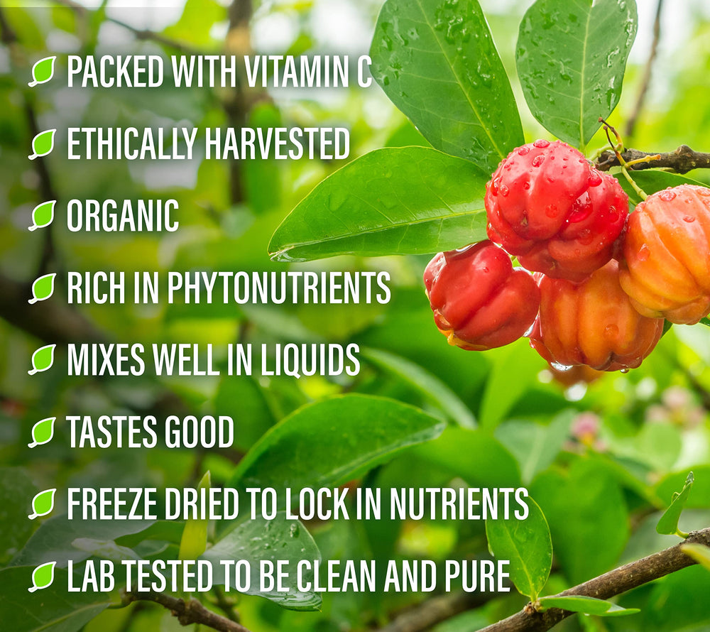 Acerola powder in a kitchen scene by Perfect Supplements ready for smoothies or baking.