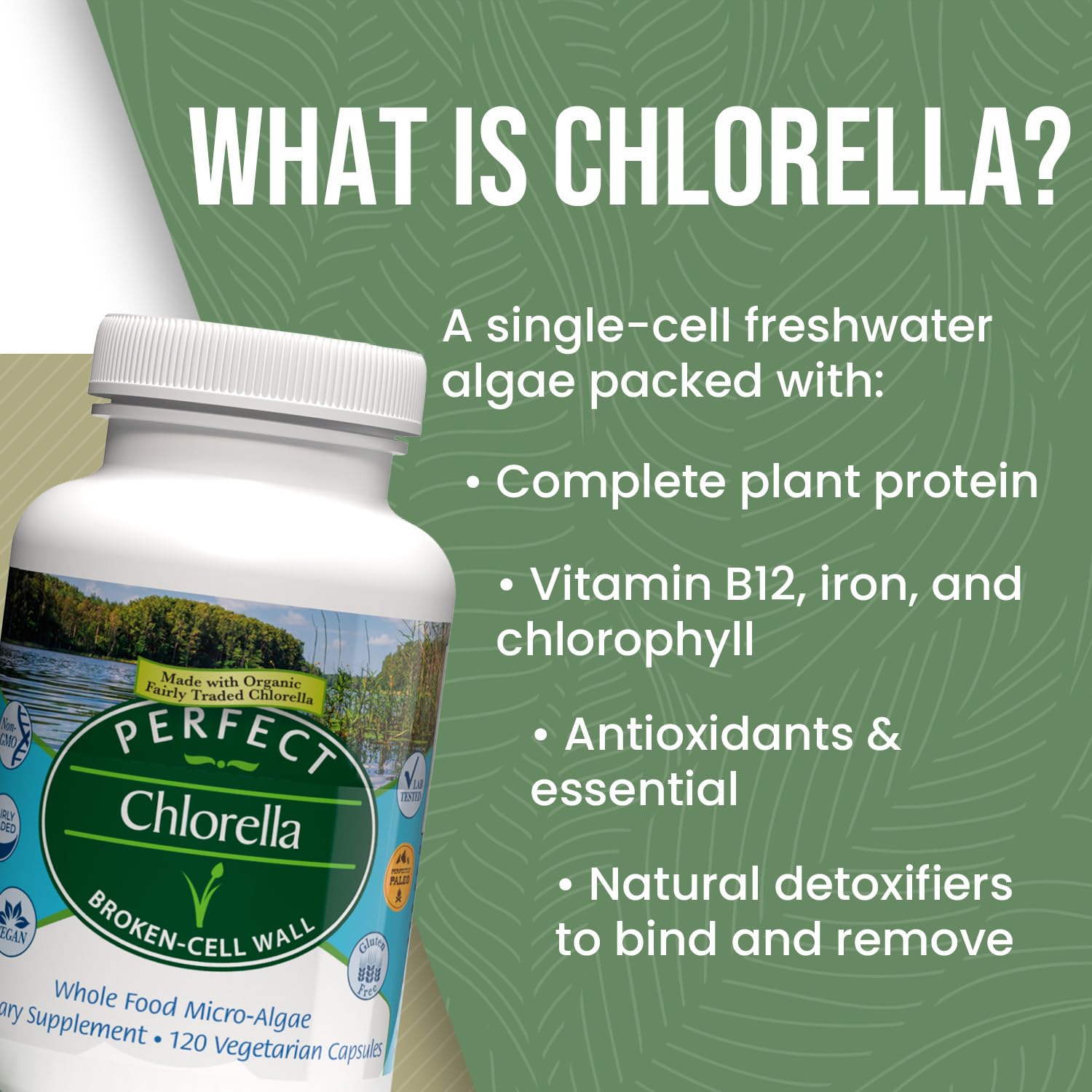 Perfect Supplements chlorella capsules packaging closeup — clean, vegetarian protein choice
